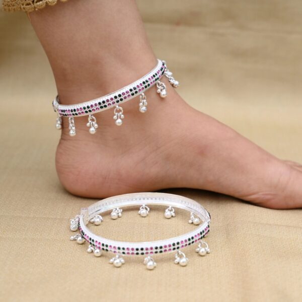 Traditional Silver Kada Payal with Pink, Green Gems & Ghungroos.(1)